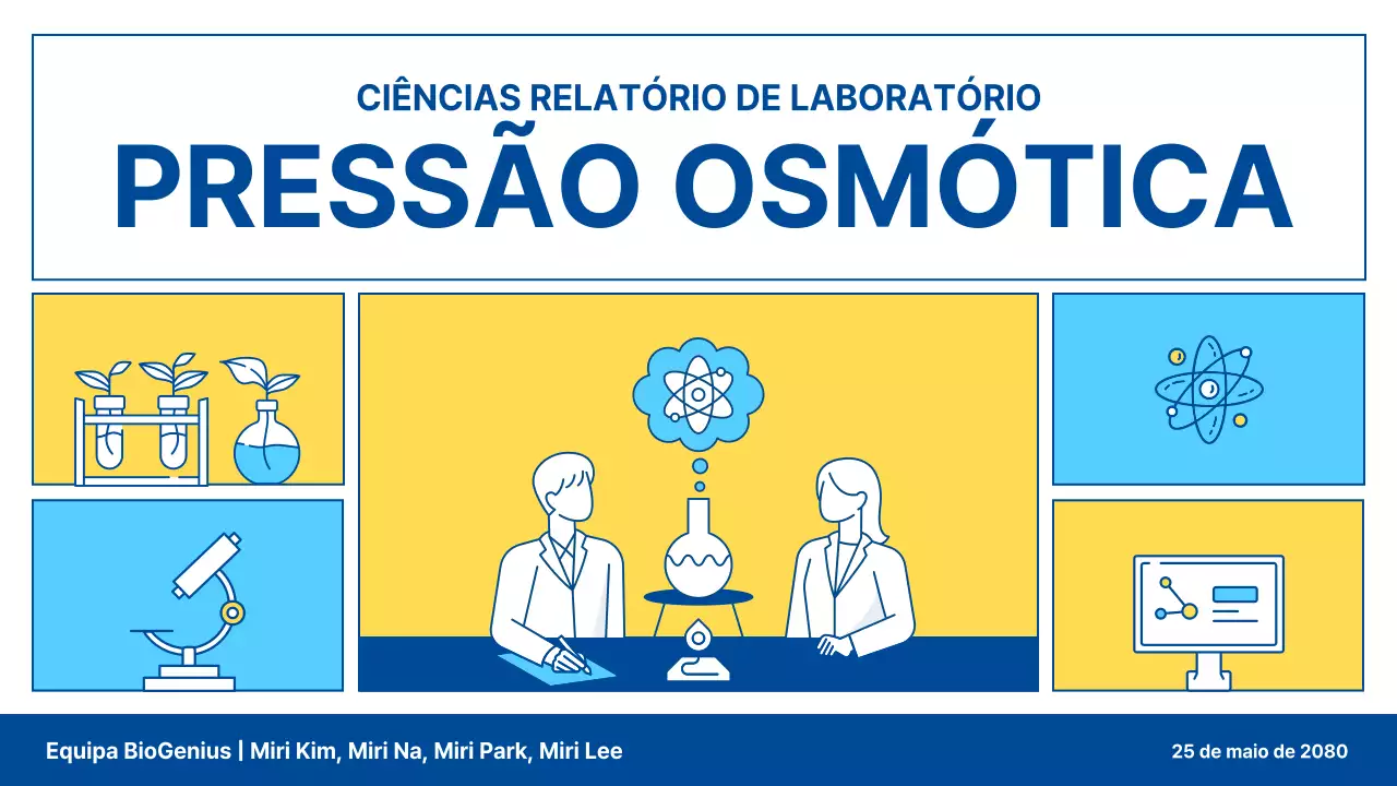 Ilustração de linha azul-clara e amarela, tema de apresentação de aula de educação para experiências científicas