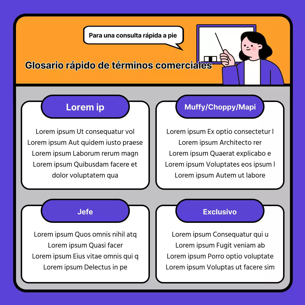 Guía ilustrada de información sobre las palabras clave de los listados de apartamentos en morado y naranja