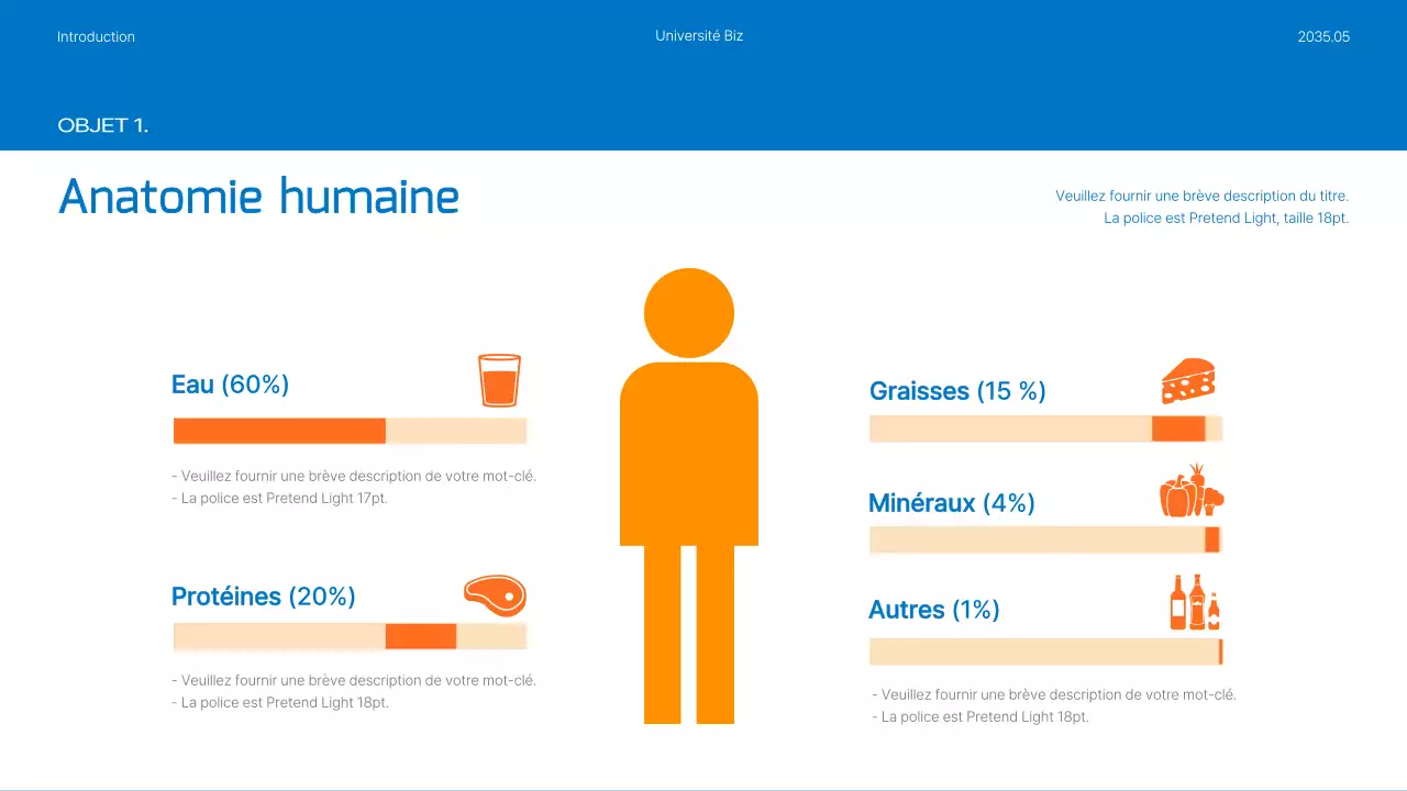 La nutrition et les plans de repas sont mis en évidence par des photos bleues et orange.