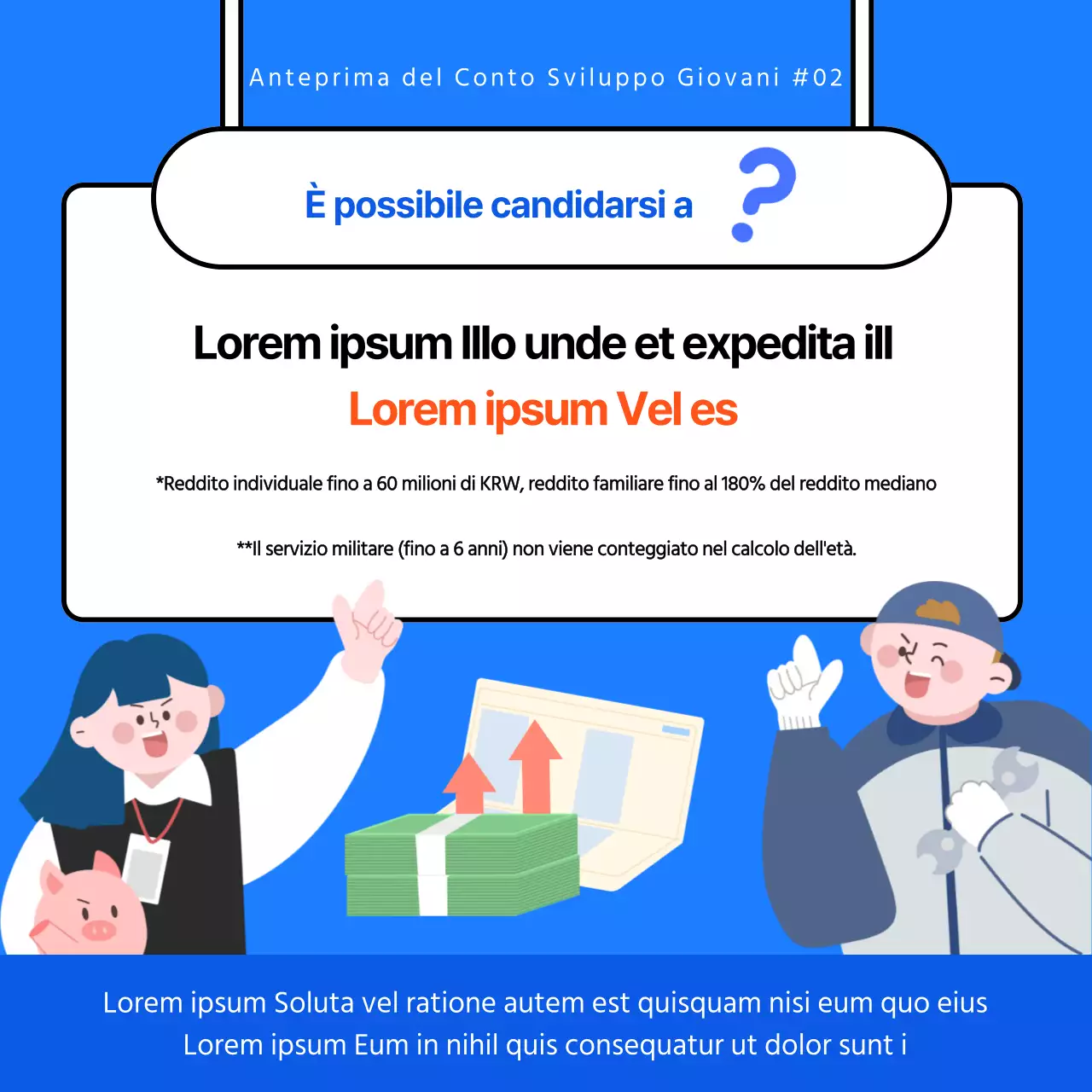 Materiale promozionale illustrato in blu e bianco per il Conto Acceleratore Giovani