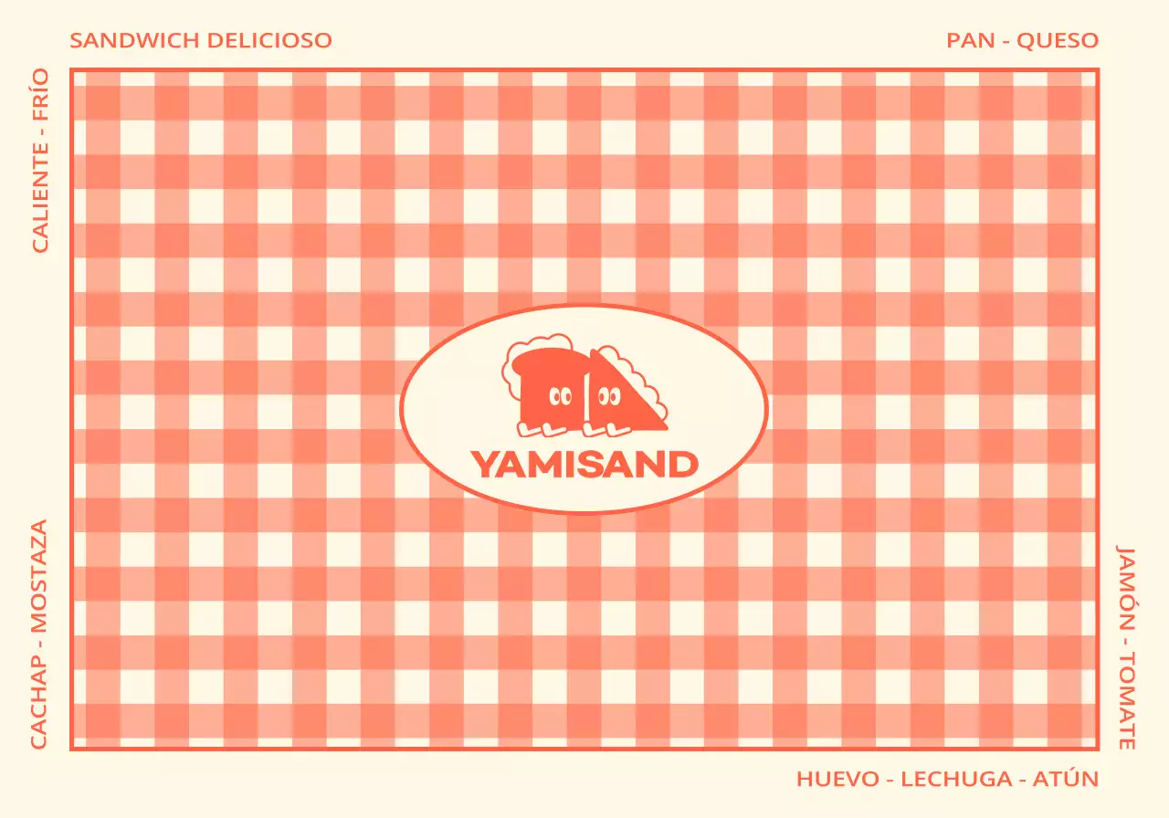 Una sandwichería con cuadros rojos y amarillos y simpáticos personajes