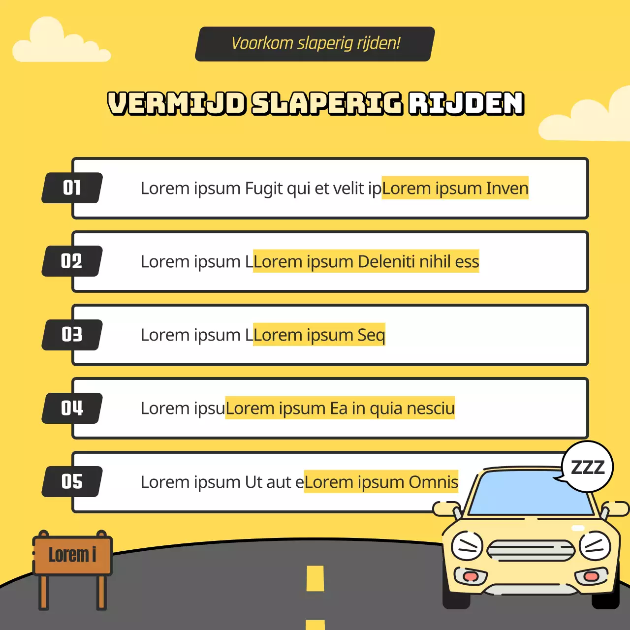 Slaperig rijden in geel en grijs illustratieconcept