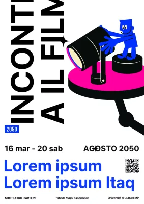 Una semplice promozione di una proiezione cinematografica in bianco e nero e in blu.