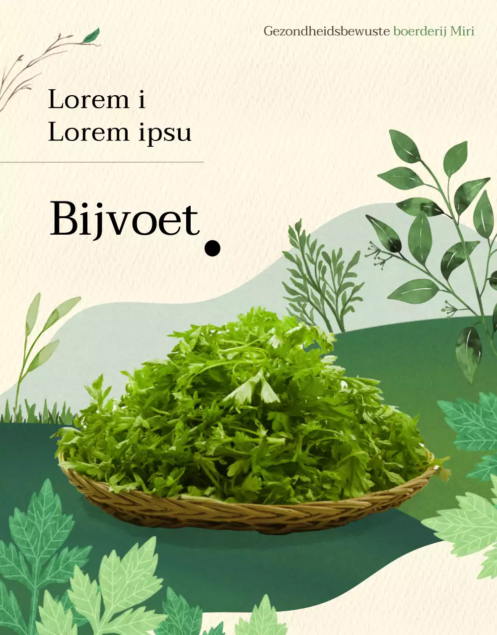 Promotionele marketing alsem met aquarel illustraties op een groene en beige achtergrond