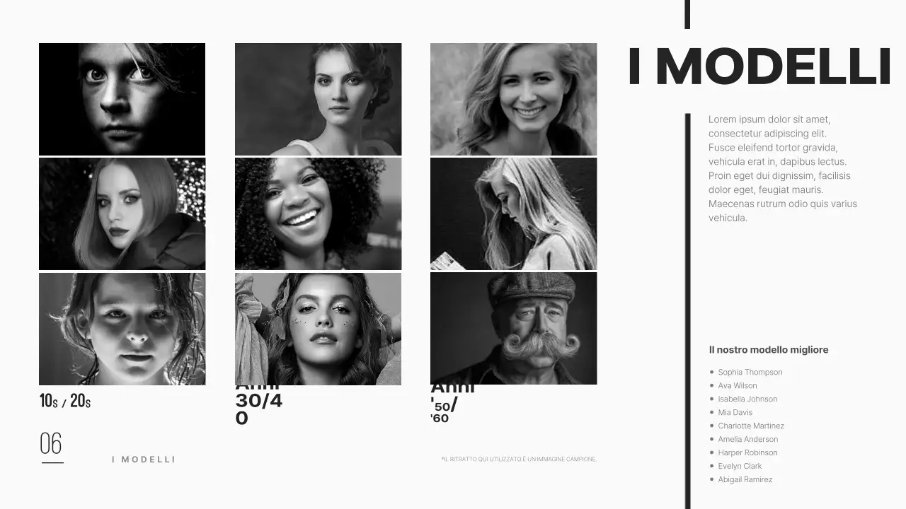 Profilo aziendale di un'agenzia di modelle pulito e moderno, in nero.