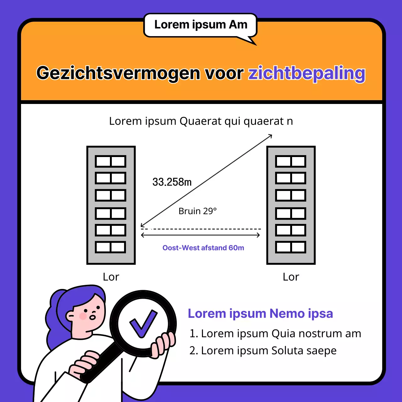 Geïllustreerde paarse en oranje gids met trefwoordinformatie voor appartementen