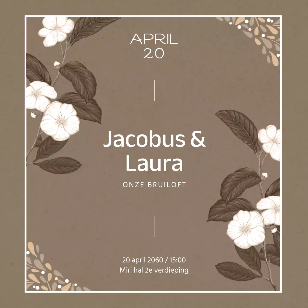 Een sentimentele huwelijksuitnodiging met een beige bloemenpatroon