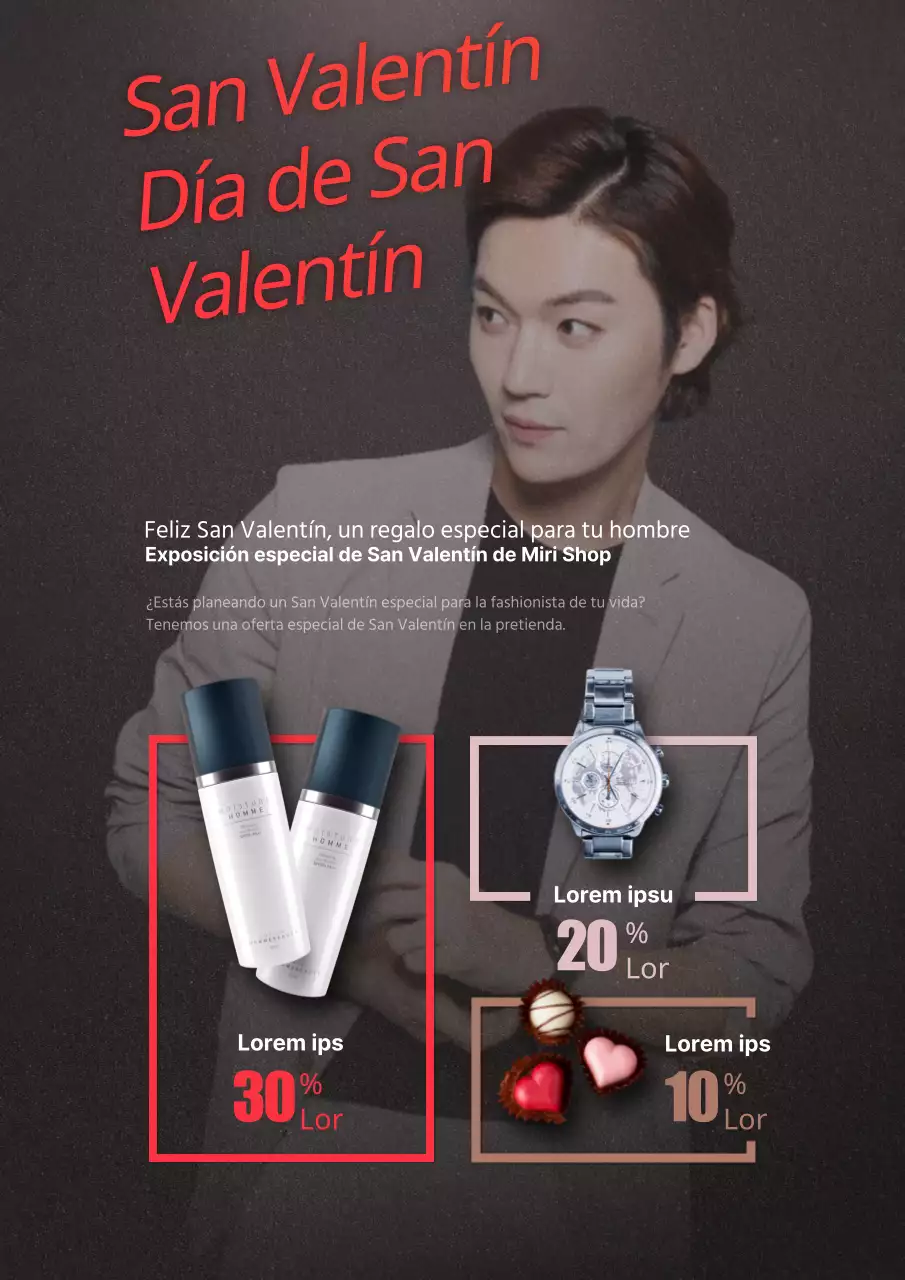 Folleto promocional de una elegante venta de regalos de San Valentín en rojo.