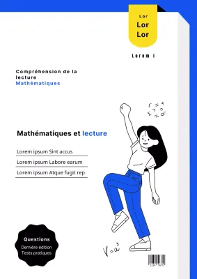 Couverture bleue et jaune en forme de livre avec des illustrations propres et mignonnes pour les épreuves de mathématiques de la maternelle à la terminale.