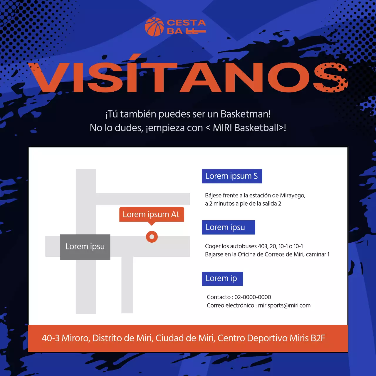 Reclutamiento para el equipo de baloncesto azul y naranja del Centro Deportivo