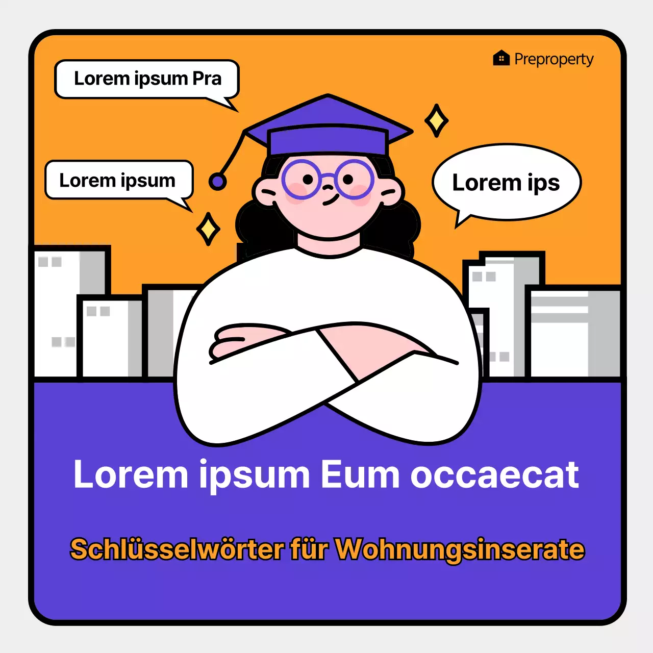 Illustrierte lila und orangefarbene Wohnungsliste mit Schlüsselwörtern