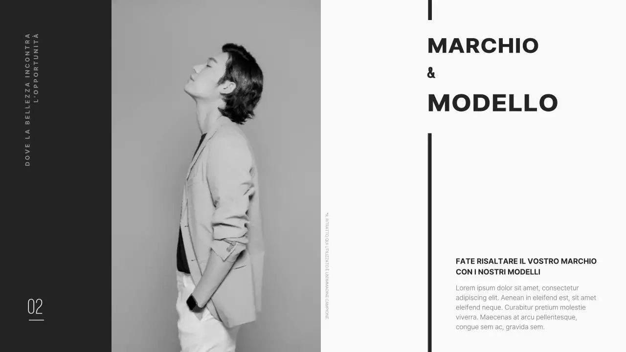 Profilo aziendale di un'agenzia di modelle pulito e moderno, in nero.