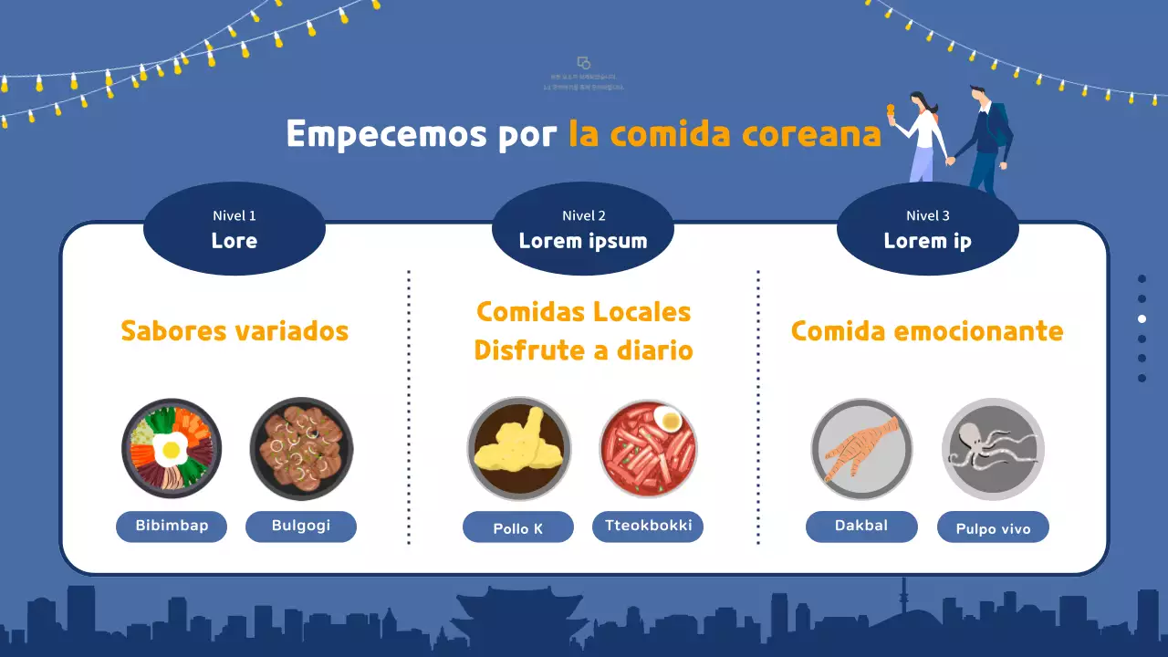 Guía de viaje ilustrada en amarillo y azul de Corea del Sur