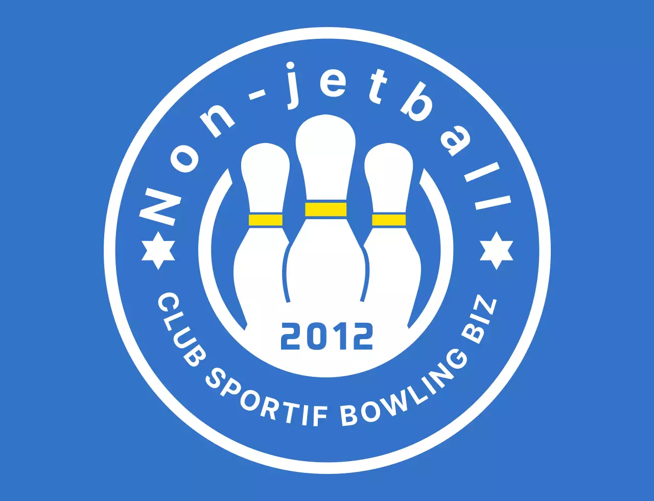 Illustration de bowling et logo emblématique en bleu clair, blanc et jaune pour un club de sport de bowling.