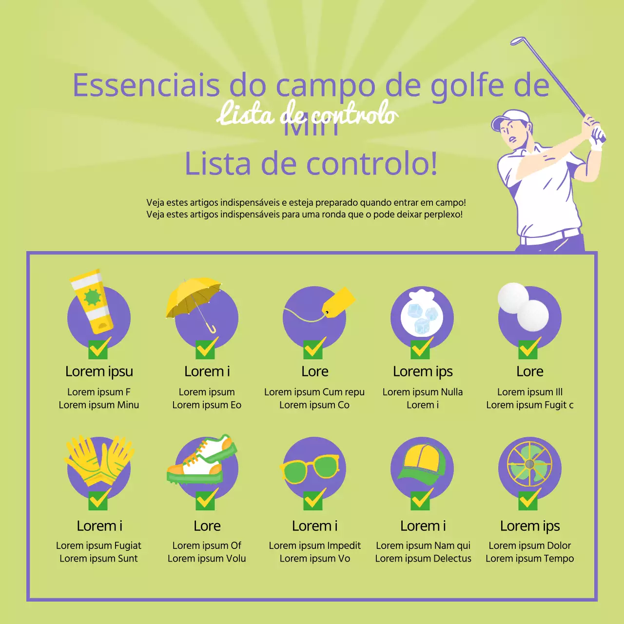 Lista de controlo dos elementos essenciais do campo de golfe ilustrada em chartreuse e roxo.