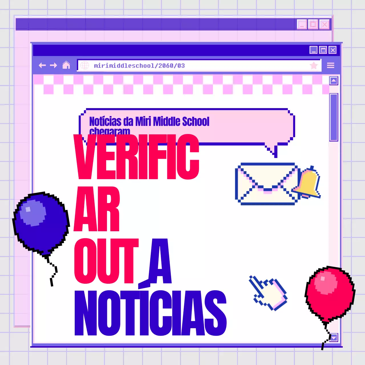 Um navegador da Web roxo e cor-de-rosa com anúncios de notícias da escola com um toque kitsch