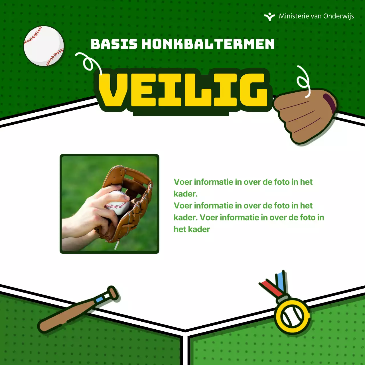 Geef informatie over leuke honkbaltermen op een groene achtergrond