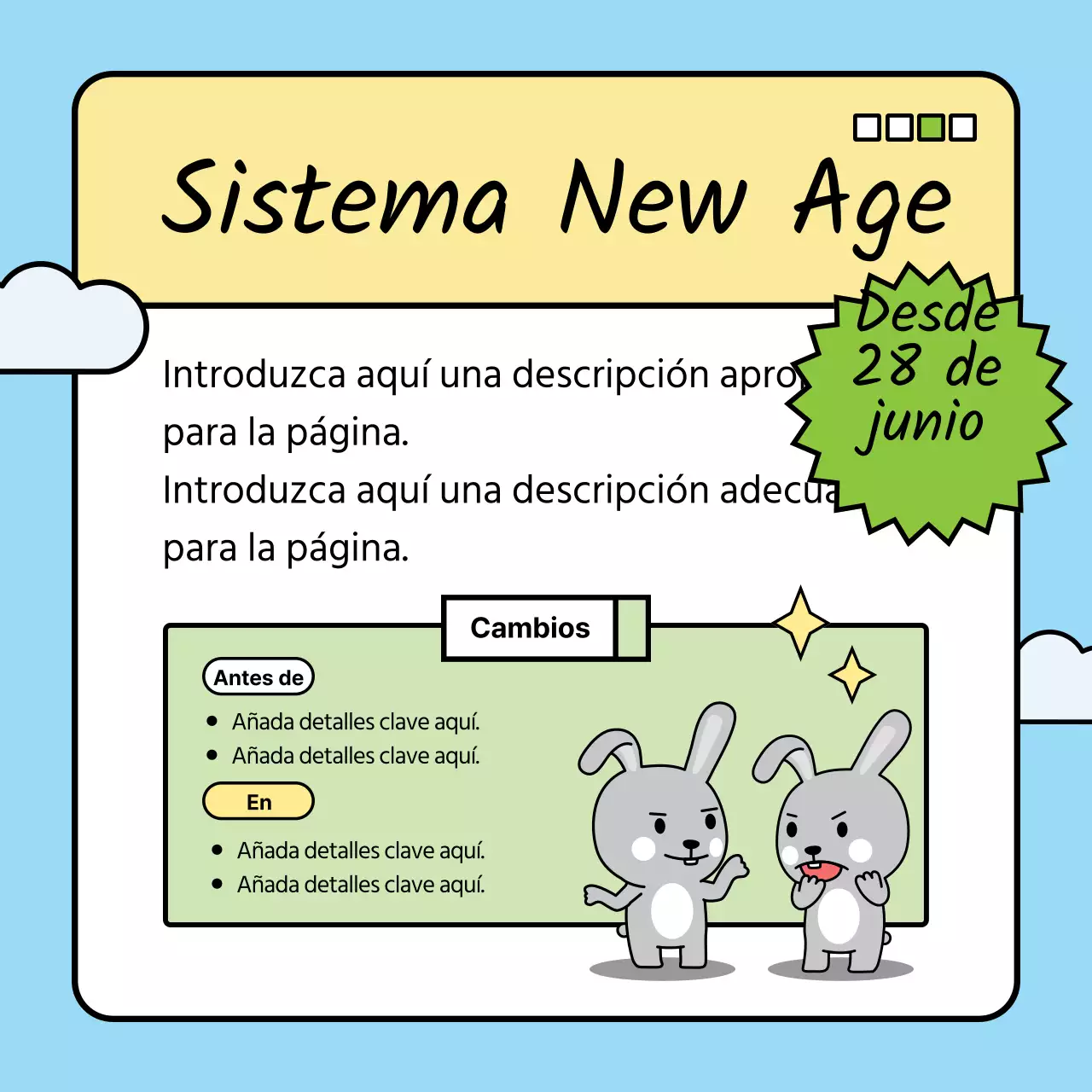 Presentación de los cambios políticos de este año con un simpático conejito en tonos azul claro y verde.