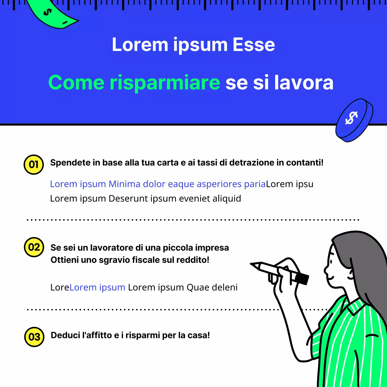 Risparmio fiscale in blu e chartreuse con illustrazioni semplici, pulite e stimolanti Nozioni di base di tecnica fiscale