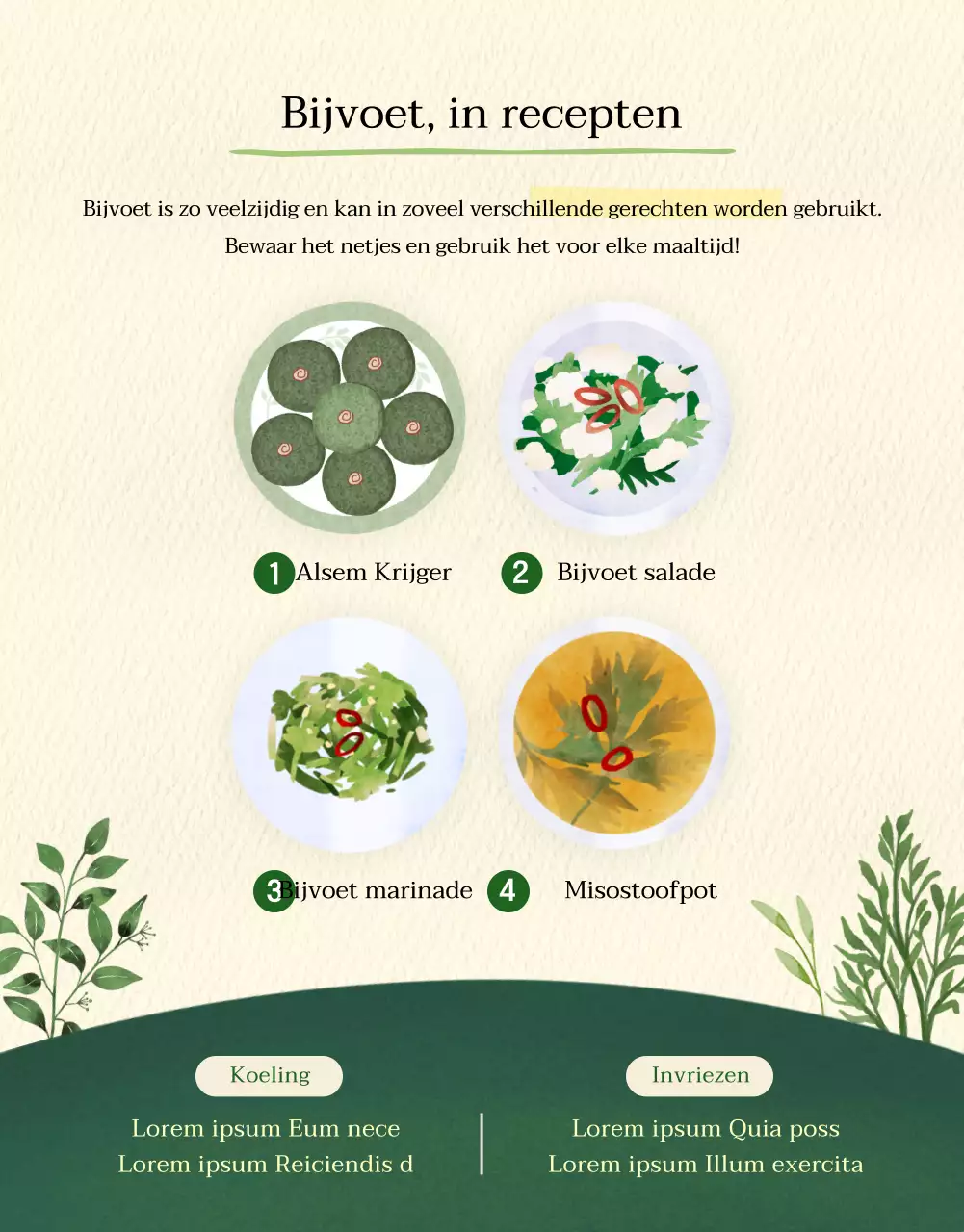 Promotionele marketing alsem met aquarel illustraties op een groene en beige achtergrond