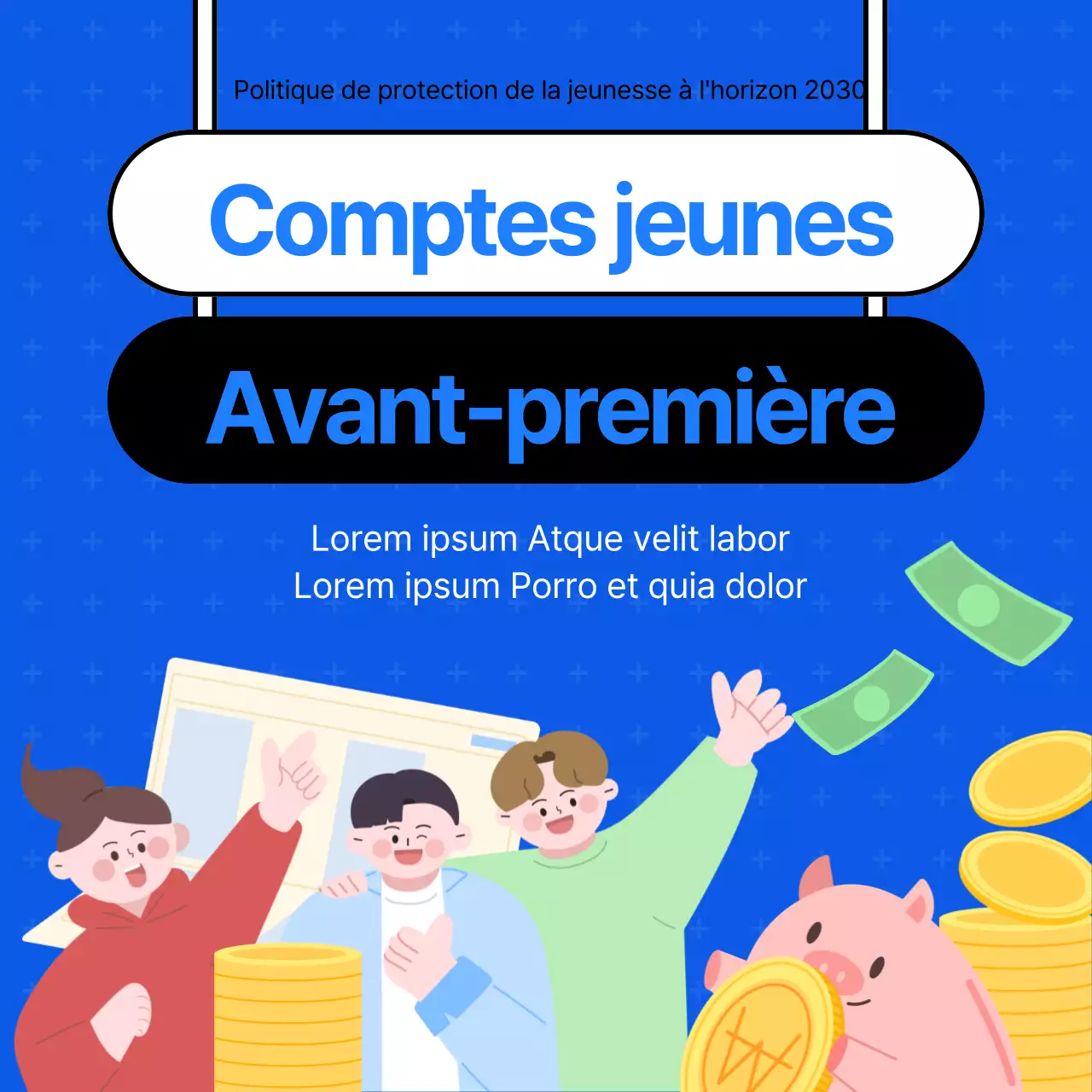 Matériel promotionnel illustré en bleu et blanc pour les comptes jeunes adultes