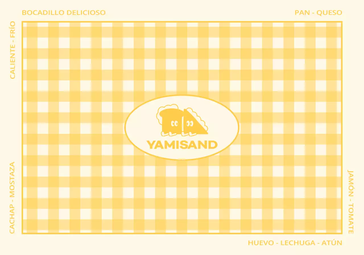 Mercancía para bocadillerías con un estampado de cuadros rojos y amarillos y un bolsillo desplegable con un simpático personaje.