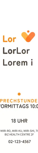 Ein Schild für ein Gesundheitszentrum mit einem einfachen Logo und Informationen in Orange und Dunkelbraun.