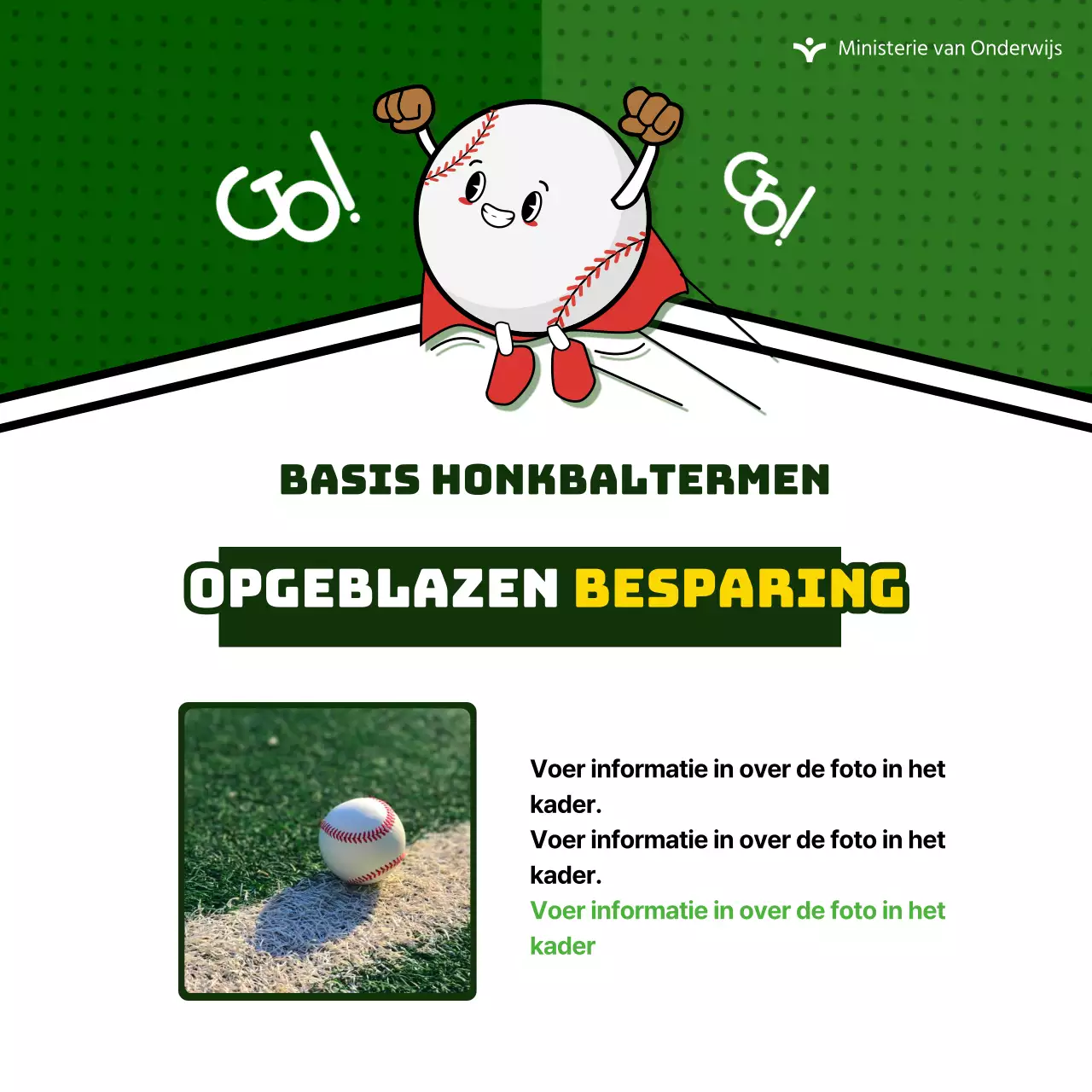 Geef informatie over leuke honkbaltermen op een groene achtergrond