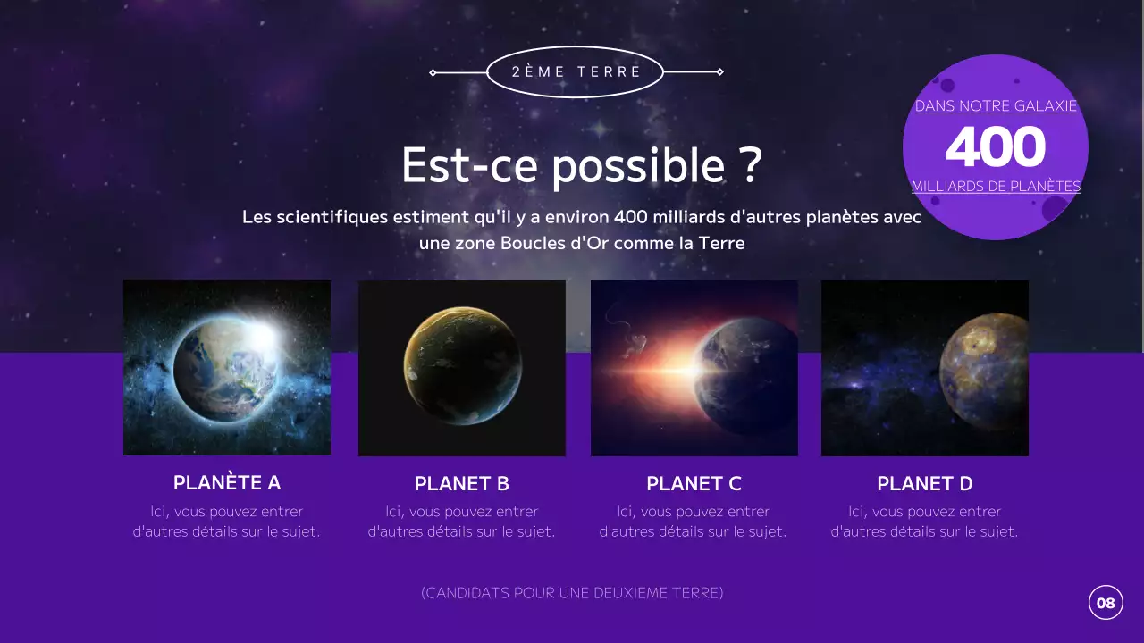 Explorer l'univers, les planètes et la terre en violet et noir