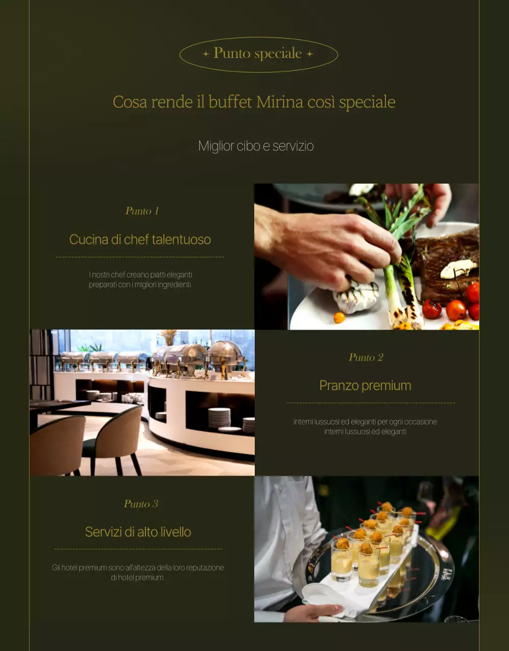 Promuovete una cucina sofisticata in hotel con i colori verde scuro e oro.