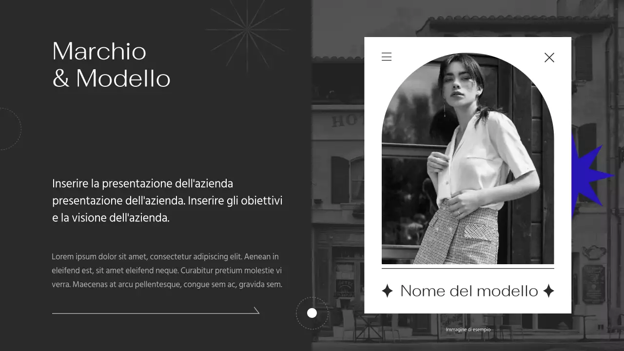 Portfolio dalle linee semplici con accenti viola su sfondo nero