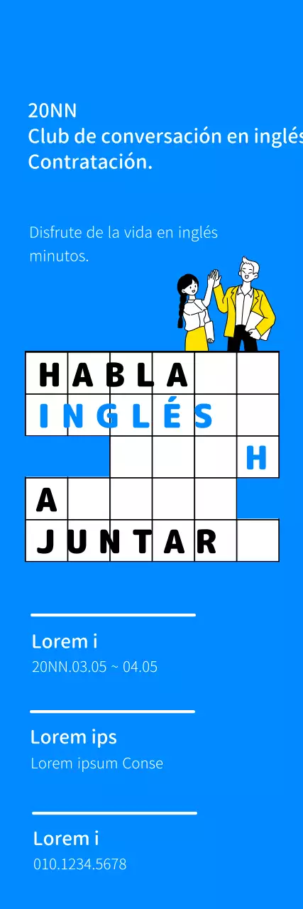 Diseño de reclutamiento para club de conversación inglés con ilustración lineal y combinación de colores azules