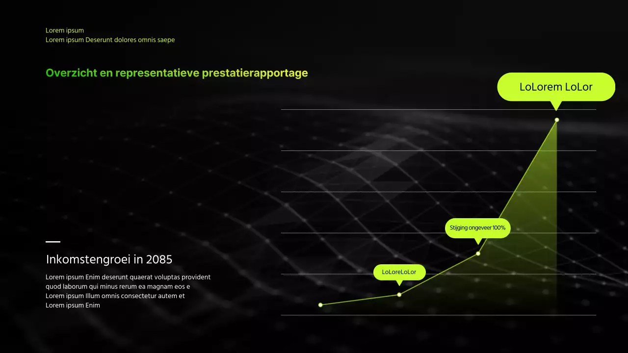 Infografische bedrijfspresentatie met zwart en chartreuse kleurverloop