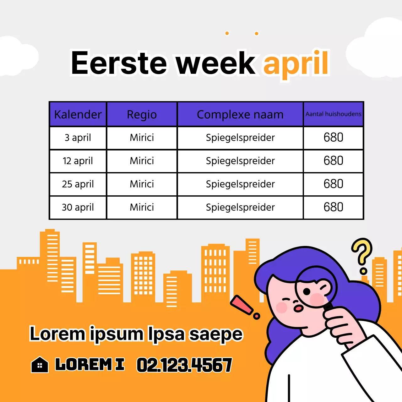 Geïllustreerde paarse en oranje gids met trefwoordinformatie voor appartementen