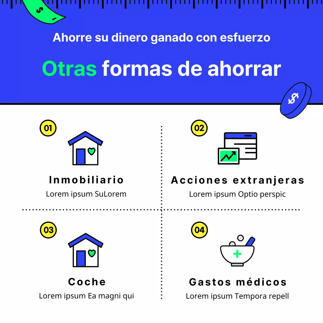 Ahorro fiscal en azul y chartreuse con ilustraciones sencillas, limpias e inspiradoras Conceptos básicos de Tax Tech
