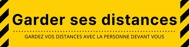 Combinaison simple et propre d'icônes et de textes en jaune et noir Avertissements "Gardez vos distances