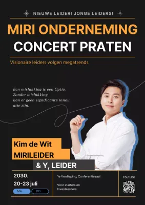 Promotieposter voor seminar over bedrijfsuitwisseling op zwarte achtergrond