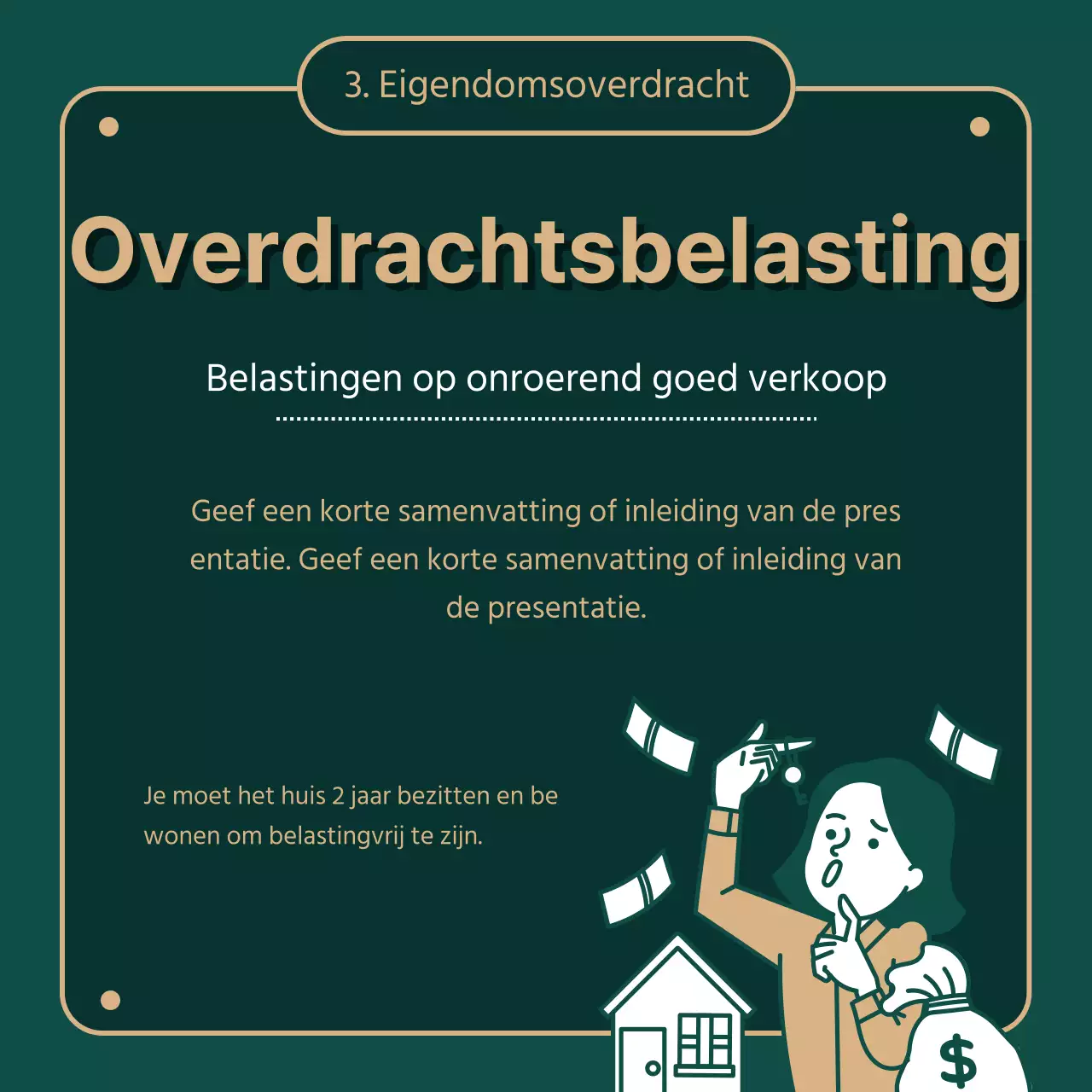 Geeft informatie over onroerendgoedbelasting met groene (donkere) en gouden illustraties