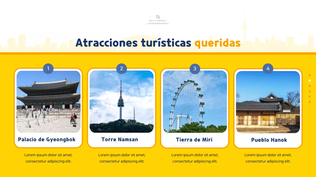 Guía de viaje ilustrada en amarillo y azul de Corea del Sur