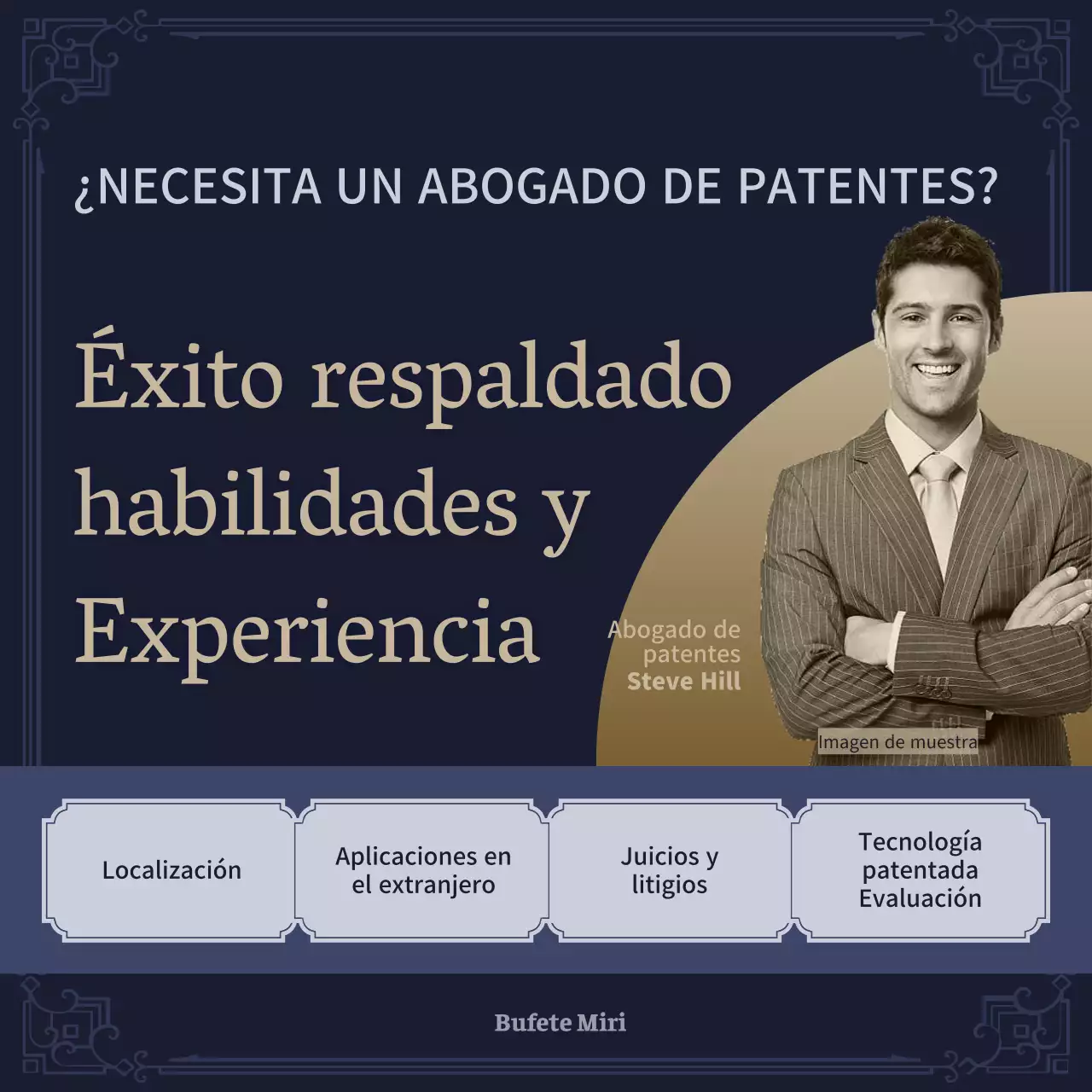 Anuncio de abogado de patentes profesional en azul marino y beige