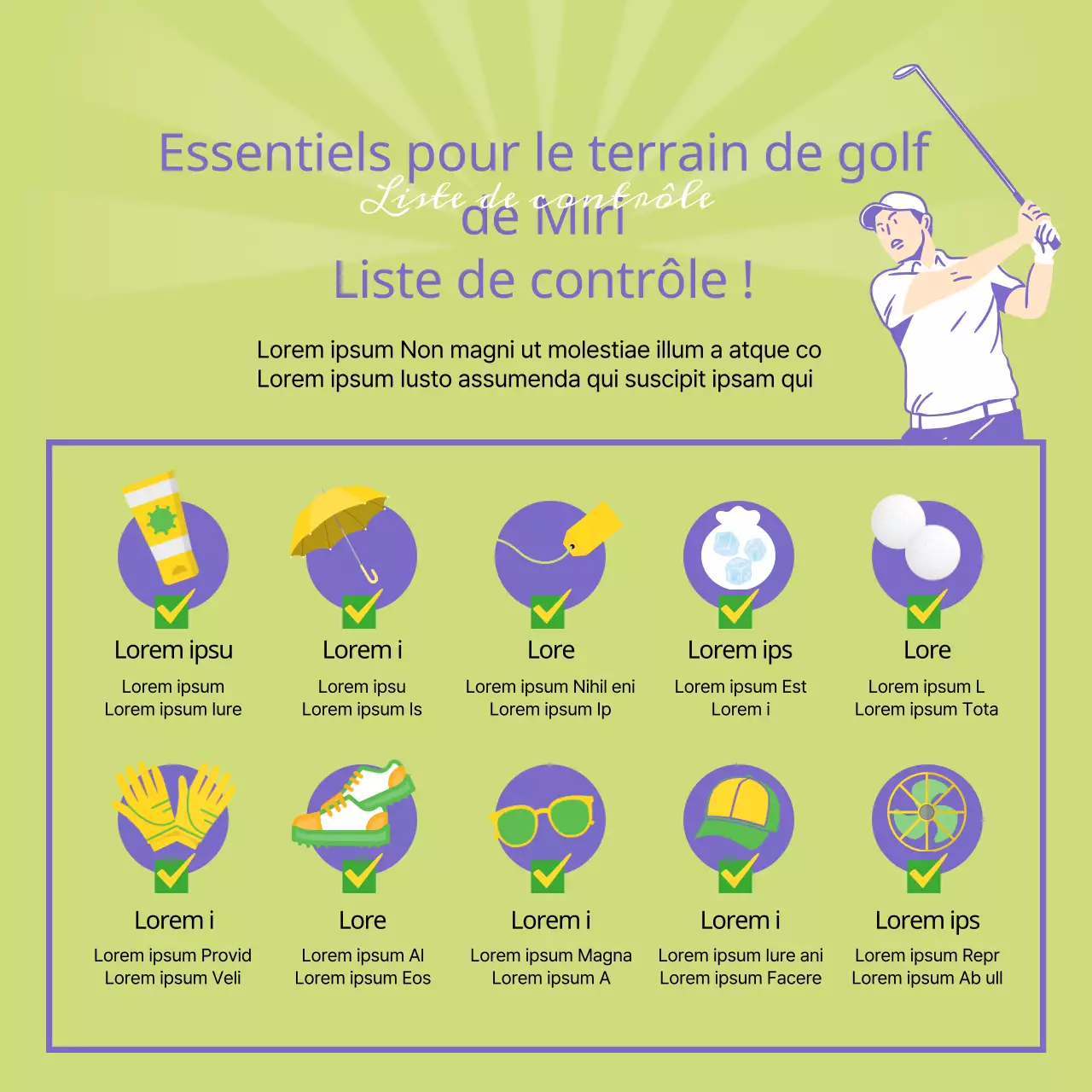 Liste de contrôle des éléments essentiels du terrain de golf illustrée en chartreuse et en violet.