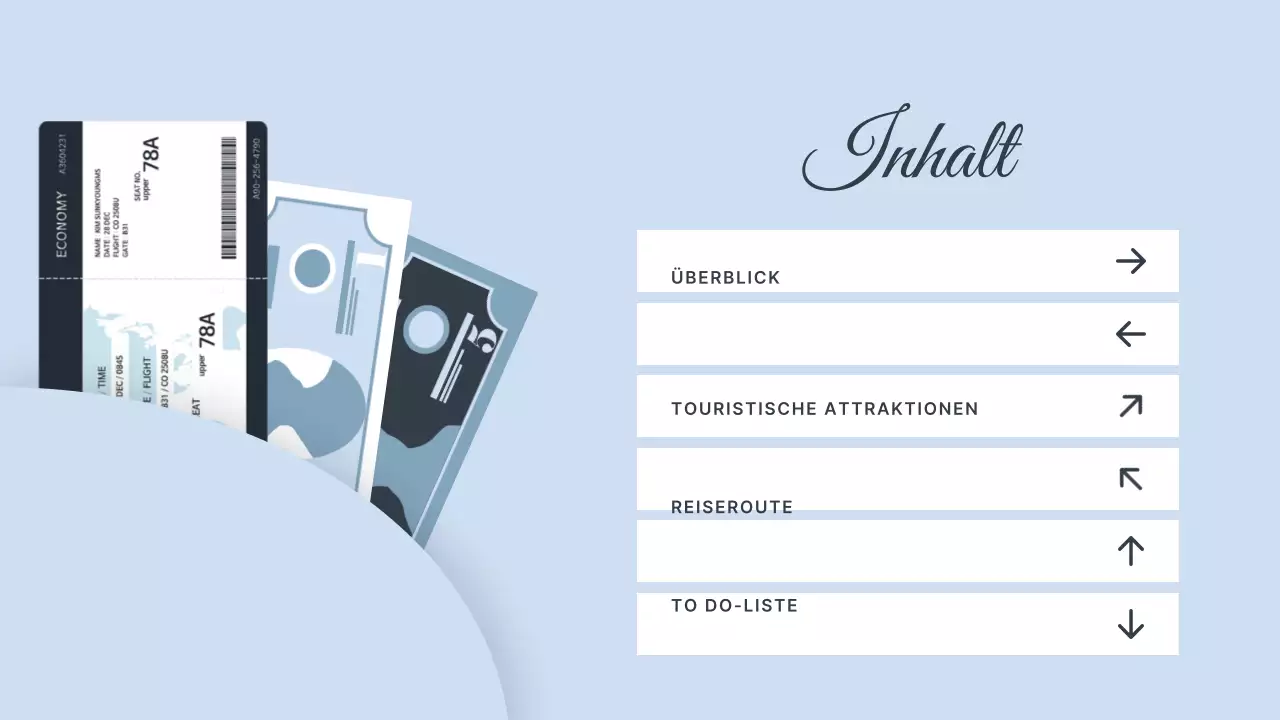 Reiseroute mit Abbildungen europäischer Reiseziele in Hellblau