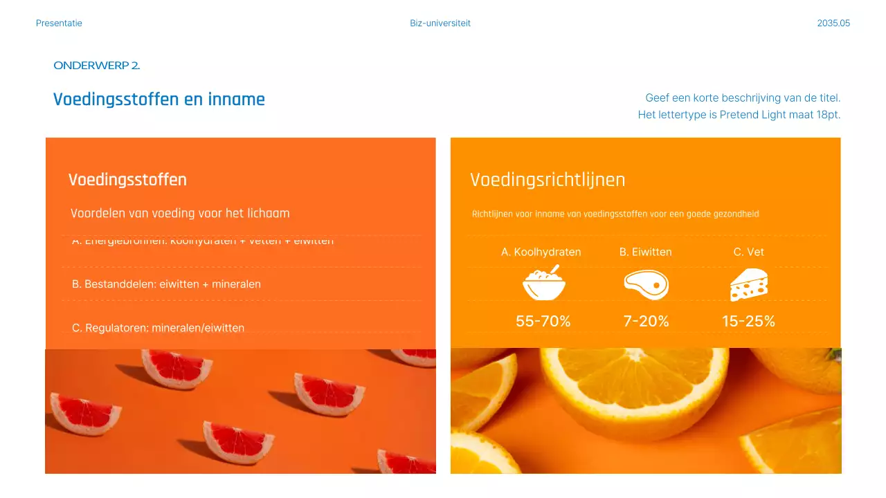 Voedings- en maaltijdplannen gemarkeerd in blauwe en oranje foto's