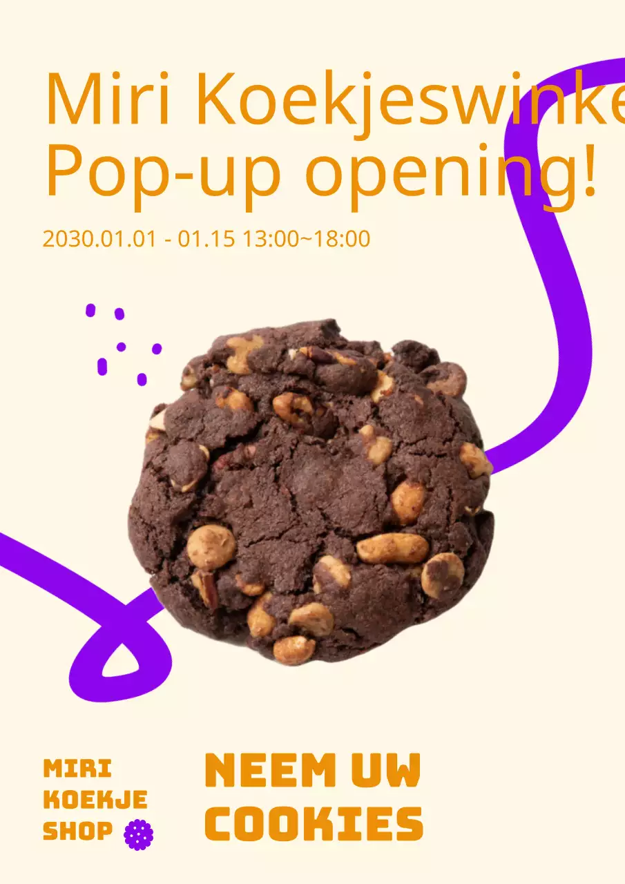 Cookie Shop pop-up opent met een lijntekenconcept in contrasterende gele en paarse kleuren