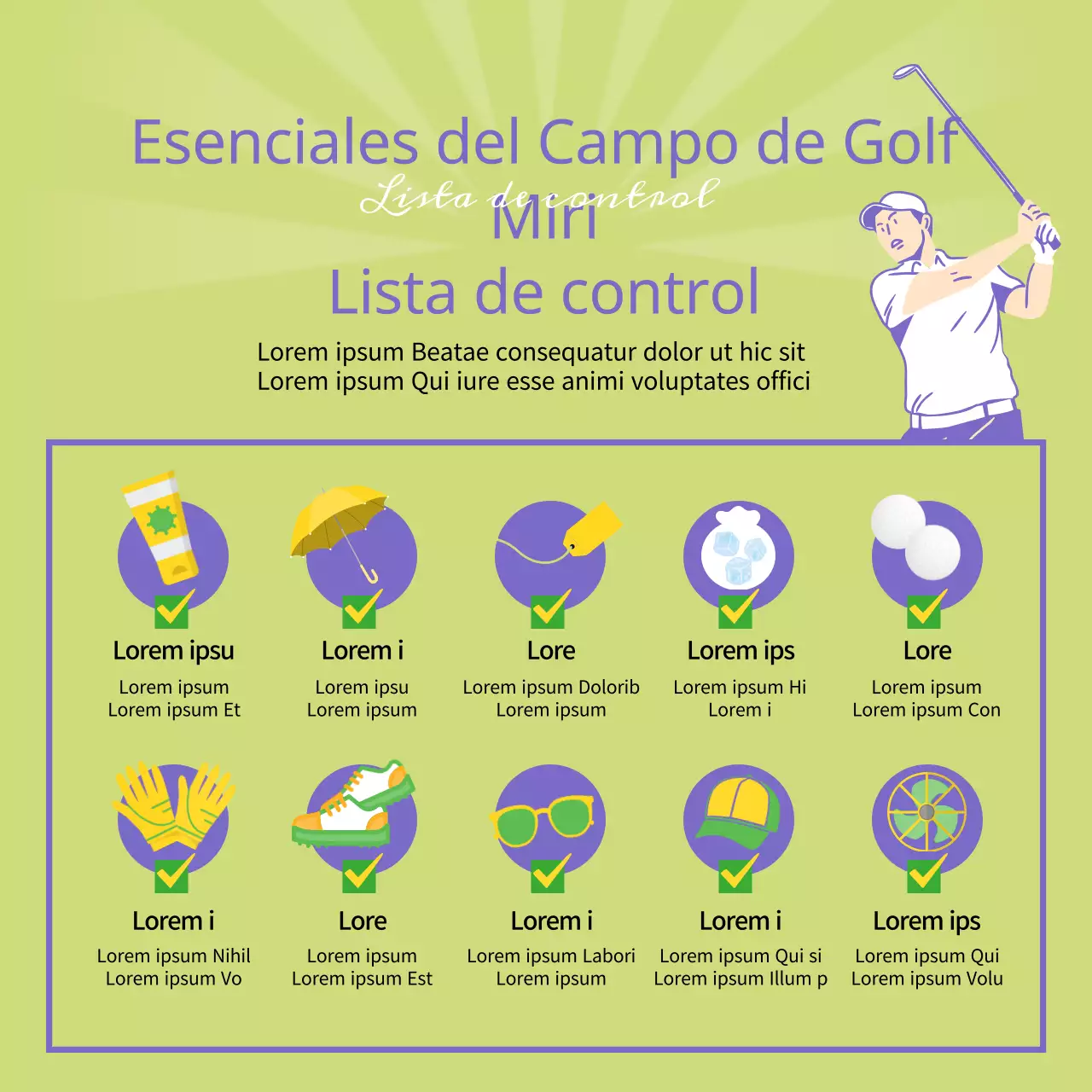 Lista de comprobación de los elementos esenciales del campo de golf ilustrada en chartreuse y morado.