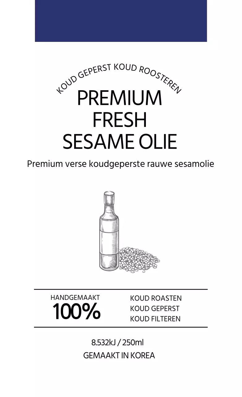 Wit marineblauw eenvoudig sesamolie voedselinformatie-etiket