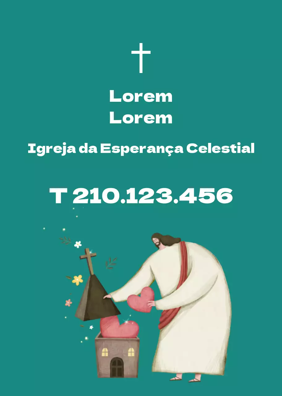 Ilustração de uma personagem verde para promoção de uma igreja