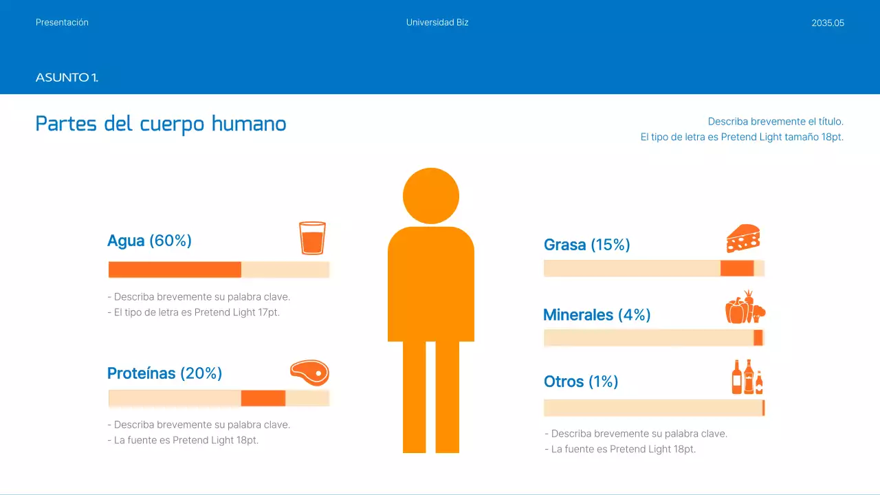 Nutrición y planes de comidas resaltados en fotos azules y naranjas
