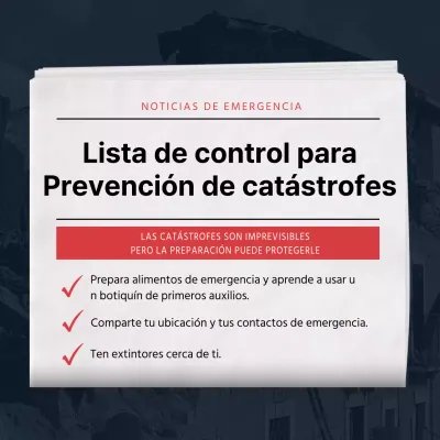 Lista de comprobación de seguridad en caso de catástrofe, de color azul marino y rojo, estilo periódico