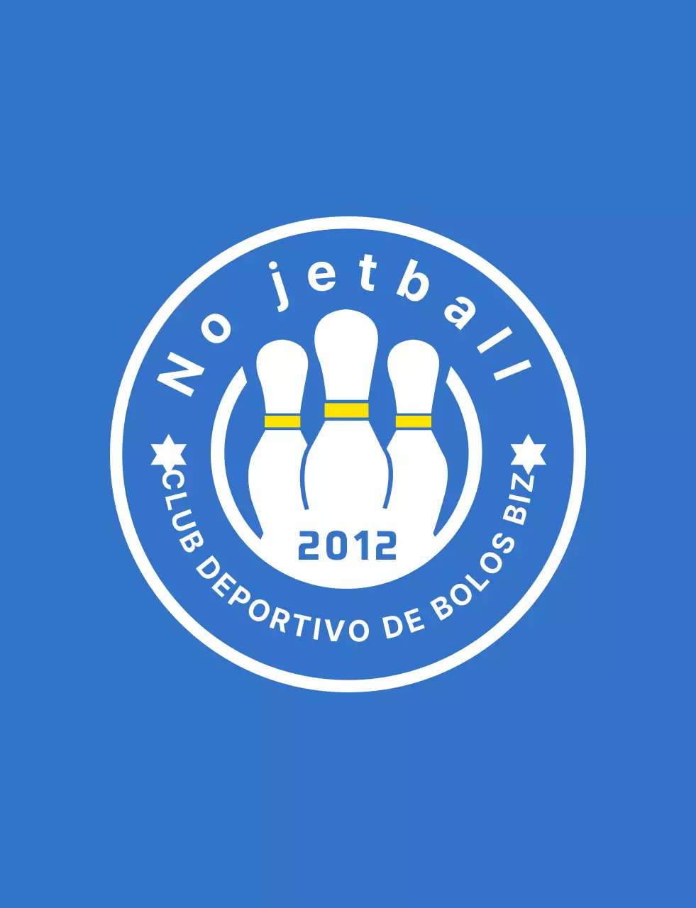 Una ilustración limpia de bolos y logotipo emblema en azul claro, blanco y amarillo para un club deportivo de bolos.